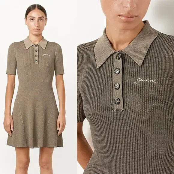 NEW Ganni Melange Collar Embroidered Short-Sleeve Knit Mini Dress Safari Size: M - Picture 8 of 8